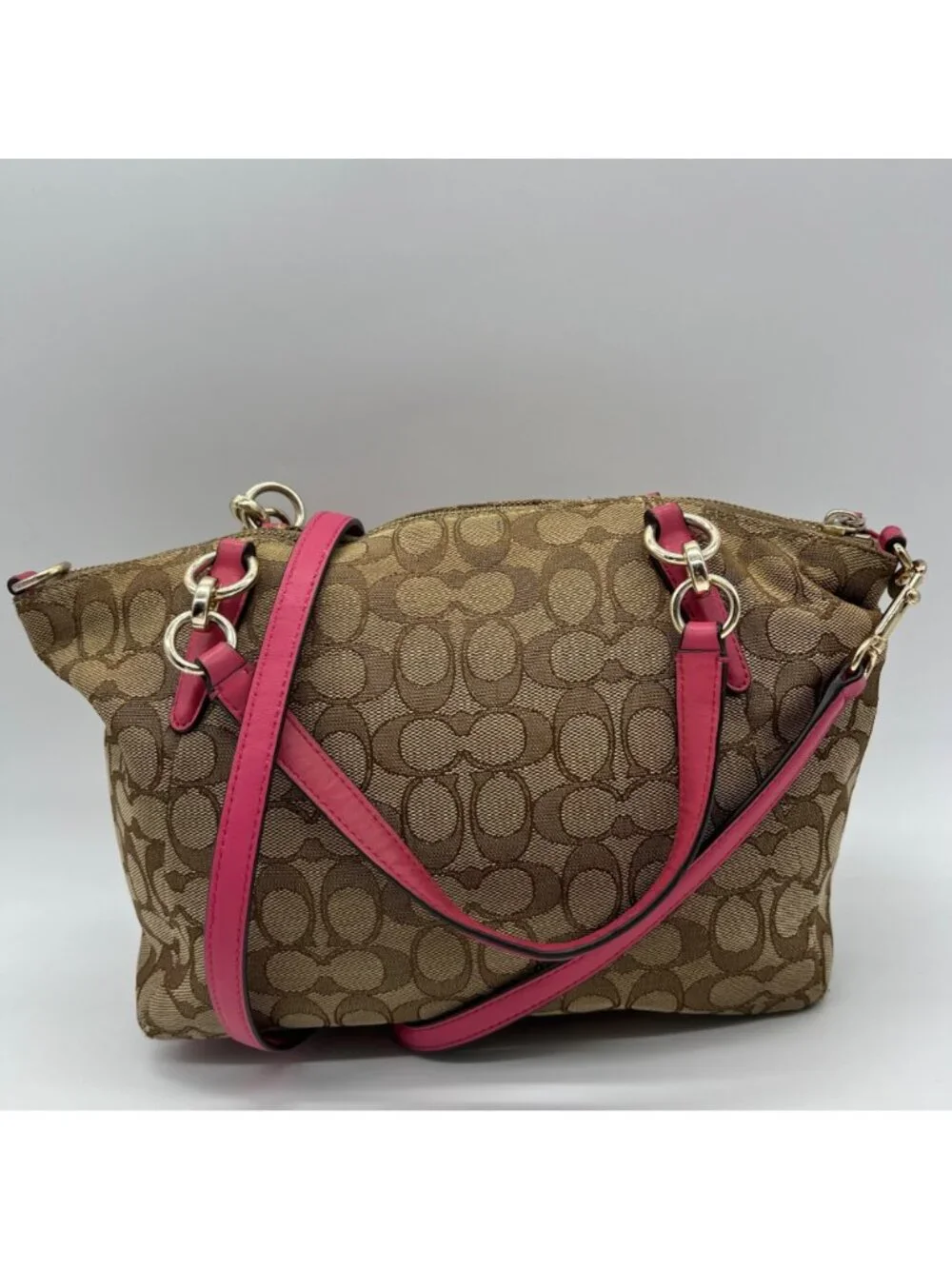 Coach Brown Canvas And Pink Leather Trim Convertible Hand Bag